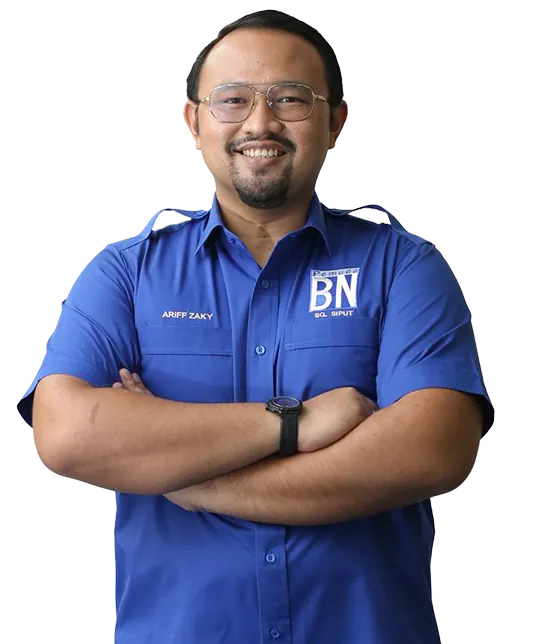 Ariff Zaky berpeluk tubuh dalam kemeja biru Barisan Nasional